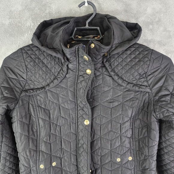 Womens Black Weatherproof Quilted Hooded Jacket w/ Floral Lining Full Zip Size M - Picture 4 of 12